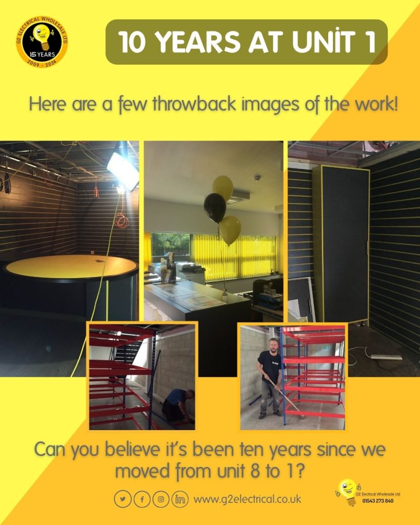 A photograph collage of five images from the G2 Electrical Wholesale branch to mark ten years at their current address, unit 1